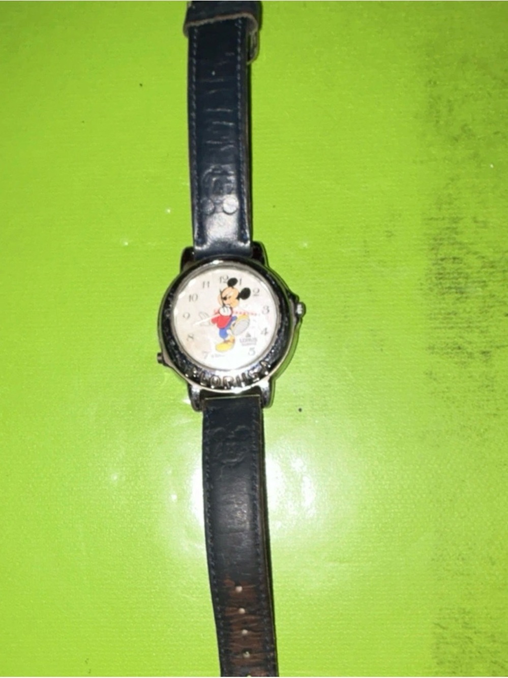 Disney Mickey Mouse Black Leather Strap Watch with Silver Case